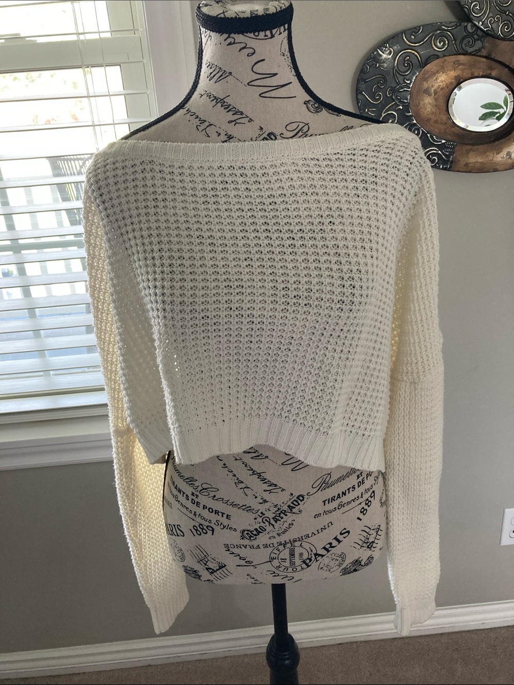Garage Cream Off-the-Shoulder Cropped Knit Sweater
